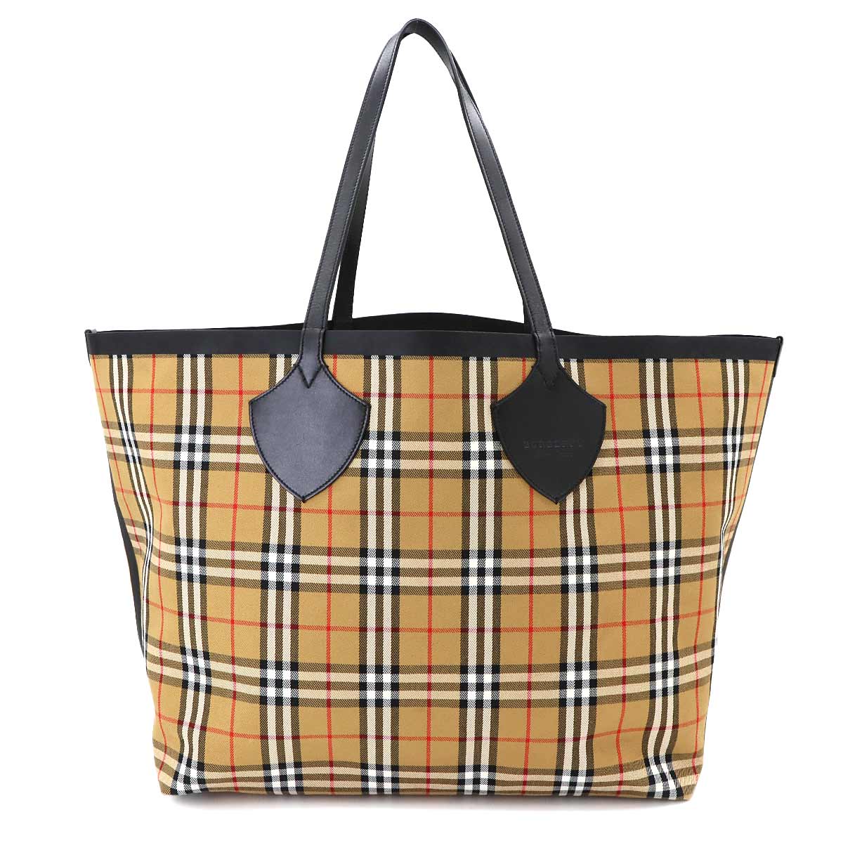 Plaid Giant Reversible Tote Bag Canvas Leather Beige Green