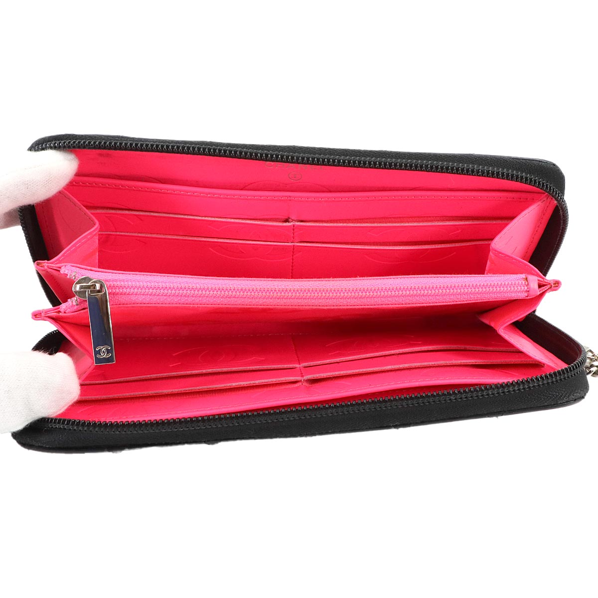 Cambon Line Zipped Around Long Wallet Leather Black A50078