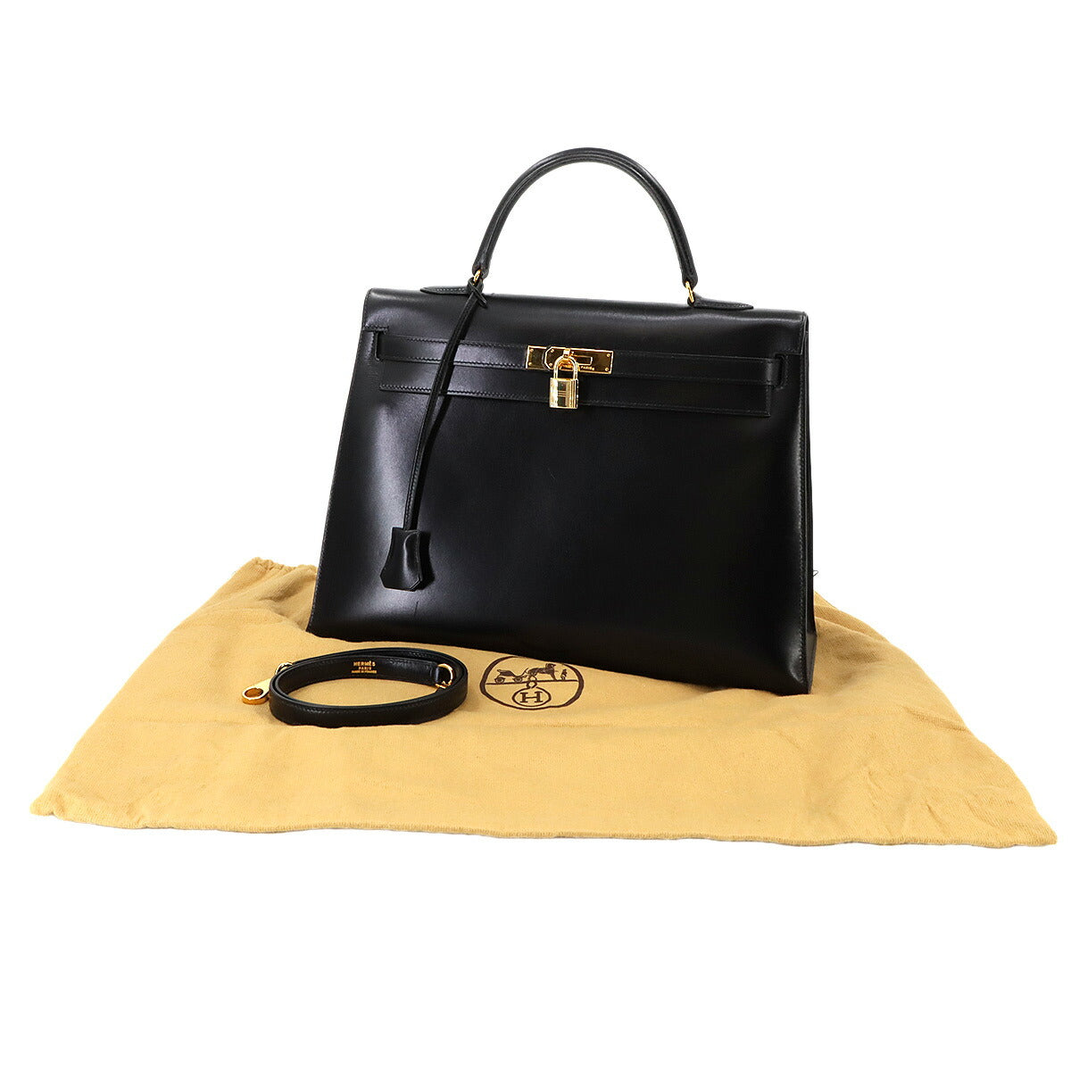 Kelly 35 Box Calf Leather Black 2way Hand Shoulder Bag Purse