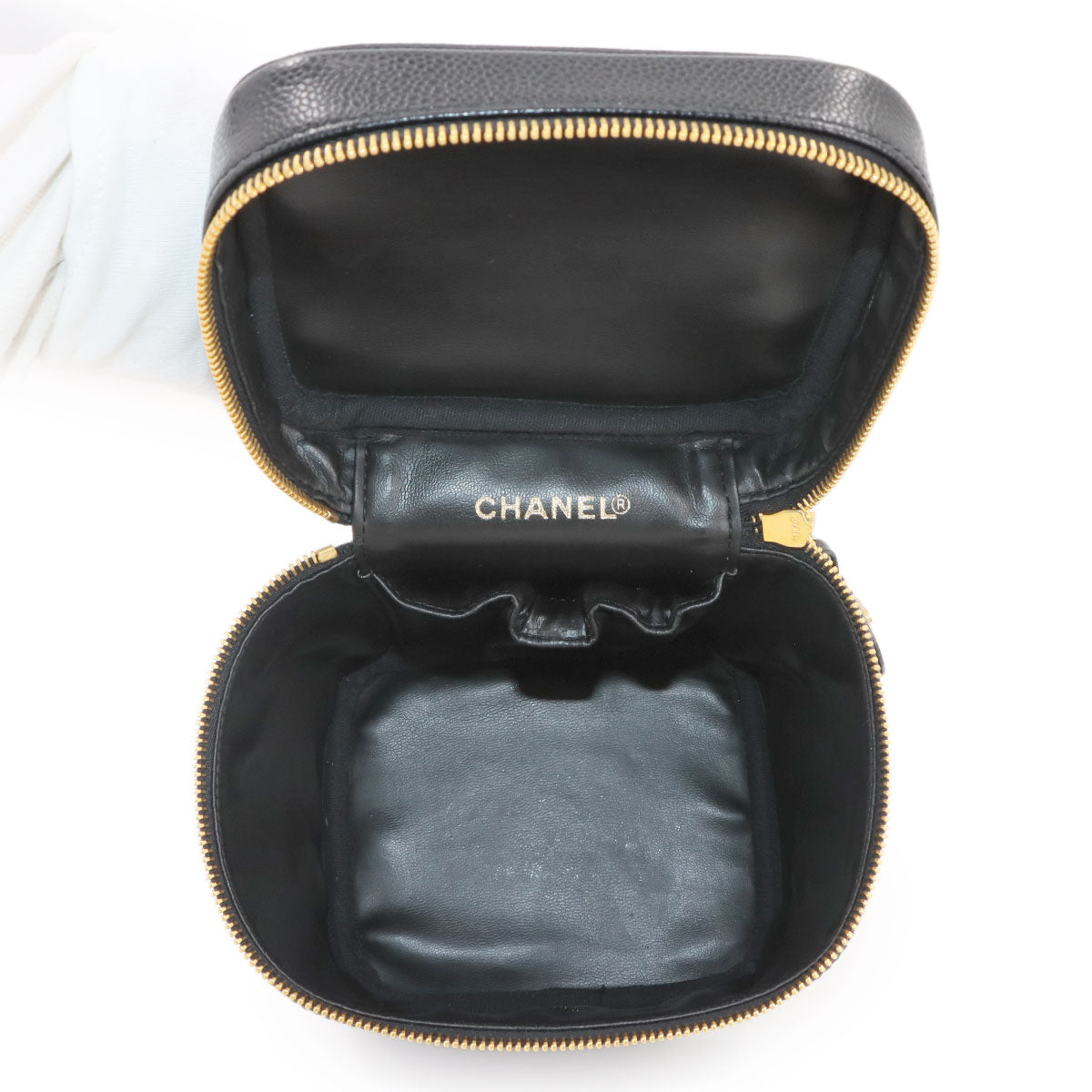 Vanity Hand Bag Caviar Skin Leather Black A01998 Vintage Purse