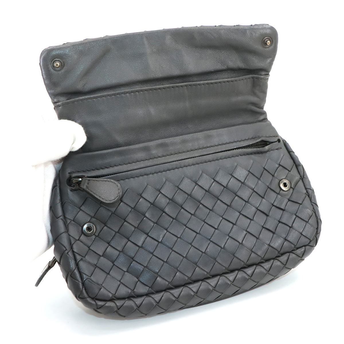 Intrecciato Chain Shoulder Bag Leather Gray Purse