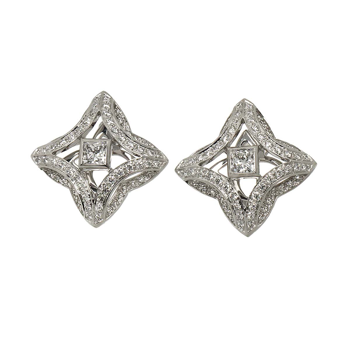 Diamond Blossom Flower Earring Pierced 18K WG 750