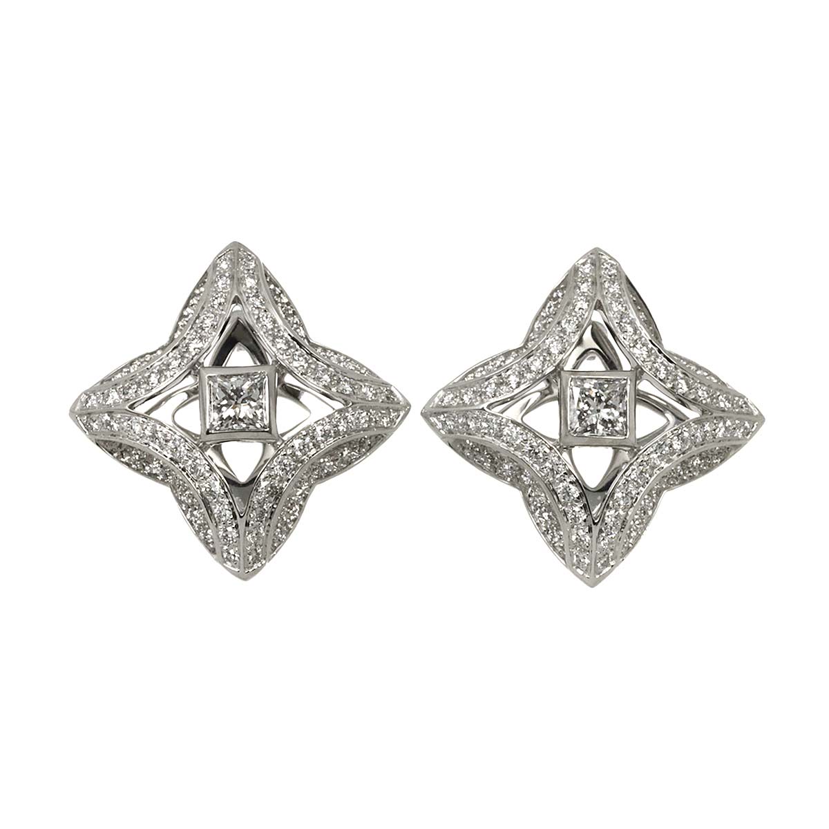 Diamond Blossom Flower Earring Pierced 18K WG 750