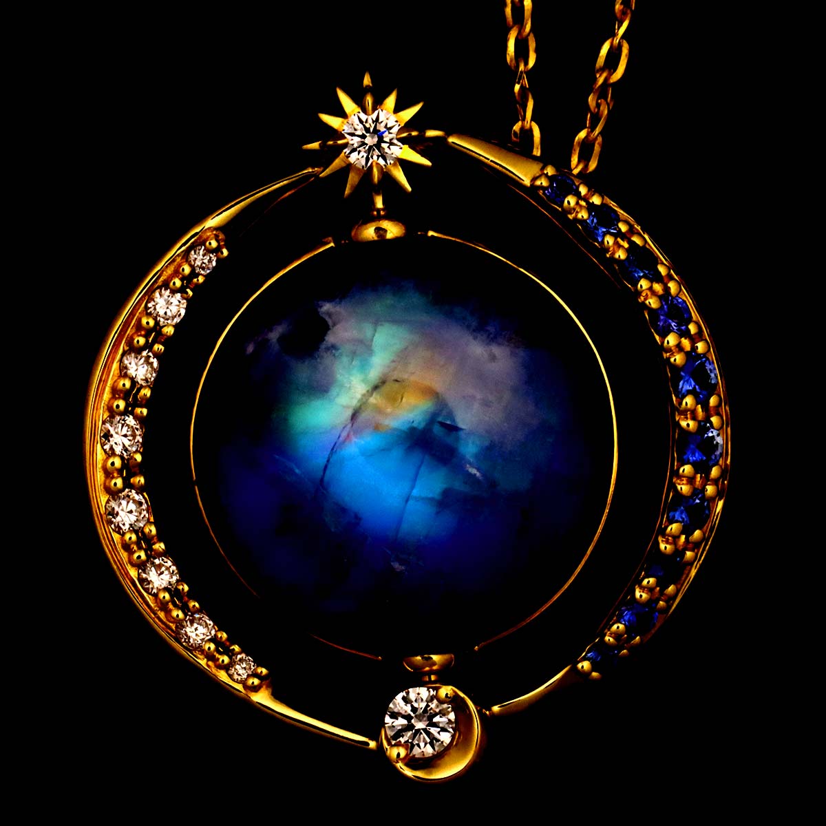 Star Jewelry Lapis Lazuli Moonstone Multi Stone Necklace 18K YG 750