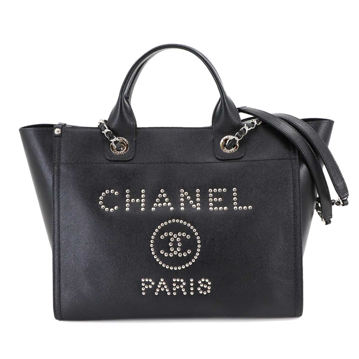 CHANEL Deauville Chain Tote Bag Studs Caviar Skin Leather Black A57069