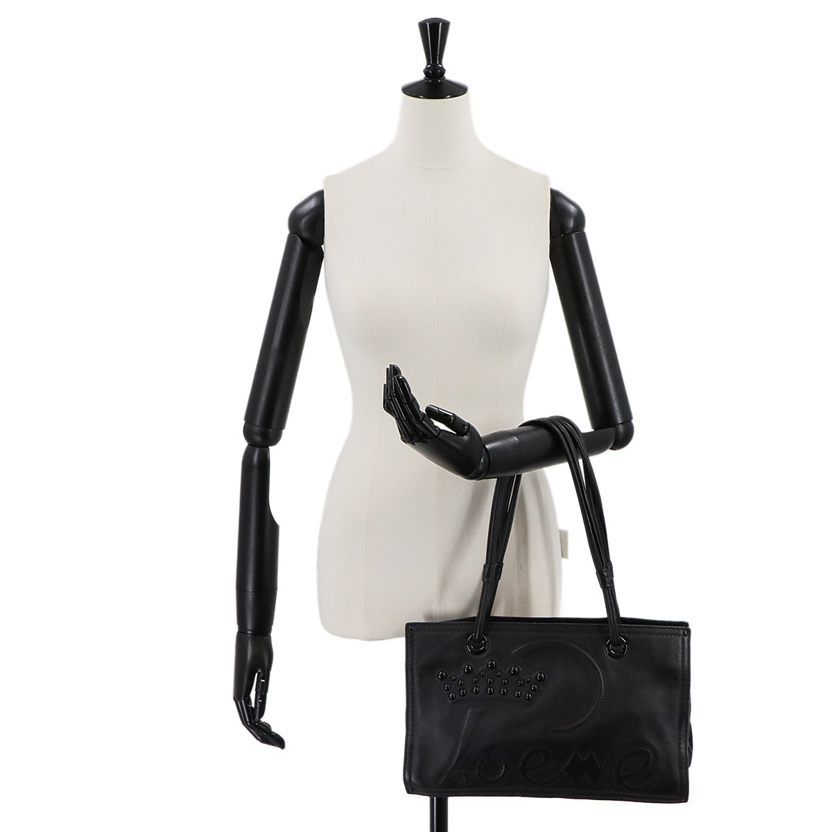 Shopper Tote Bag Leather Black Studs Purse