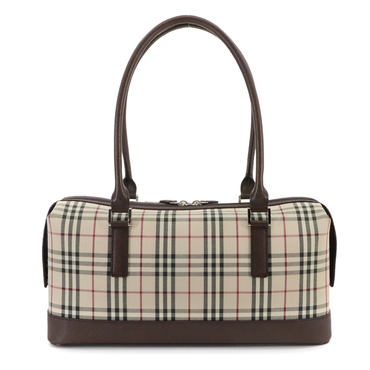 Plaid Hand Bag Canvas Leather Beige Brown Purse