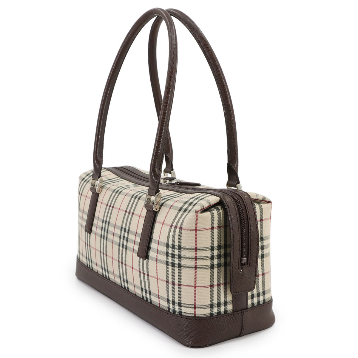 Plaid Hand Bag Canvas Leather Beige Brown Purse