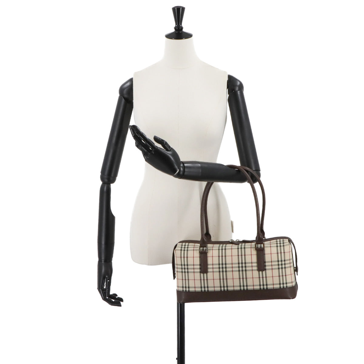 Plaid Hand Bag Canvas Leather Beige Brown Purse