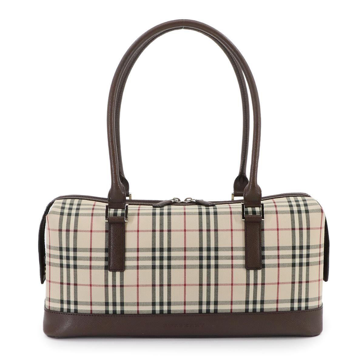 Plaid Hand Bag Canvas Leather Beige Brown Purse