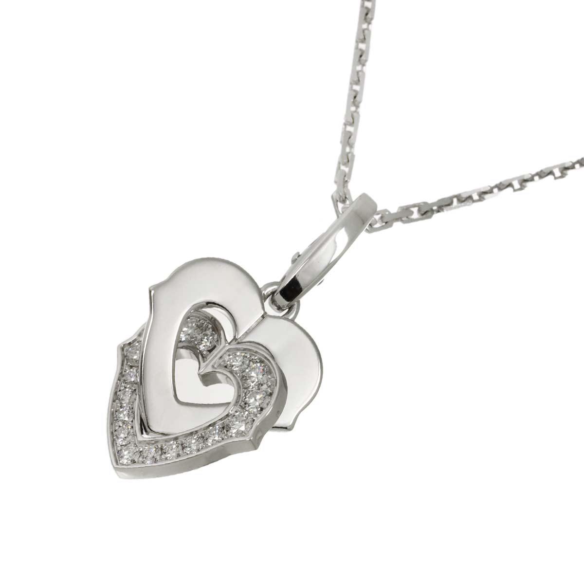 Double Heart Pave Diamond Necklace 18K White Gold 750