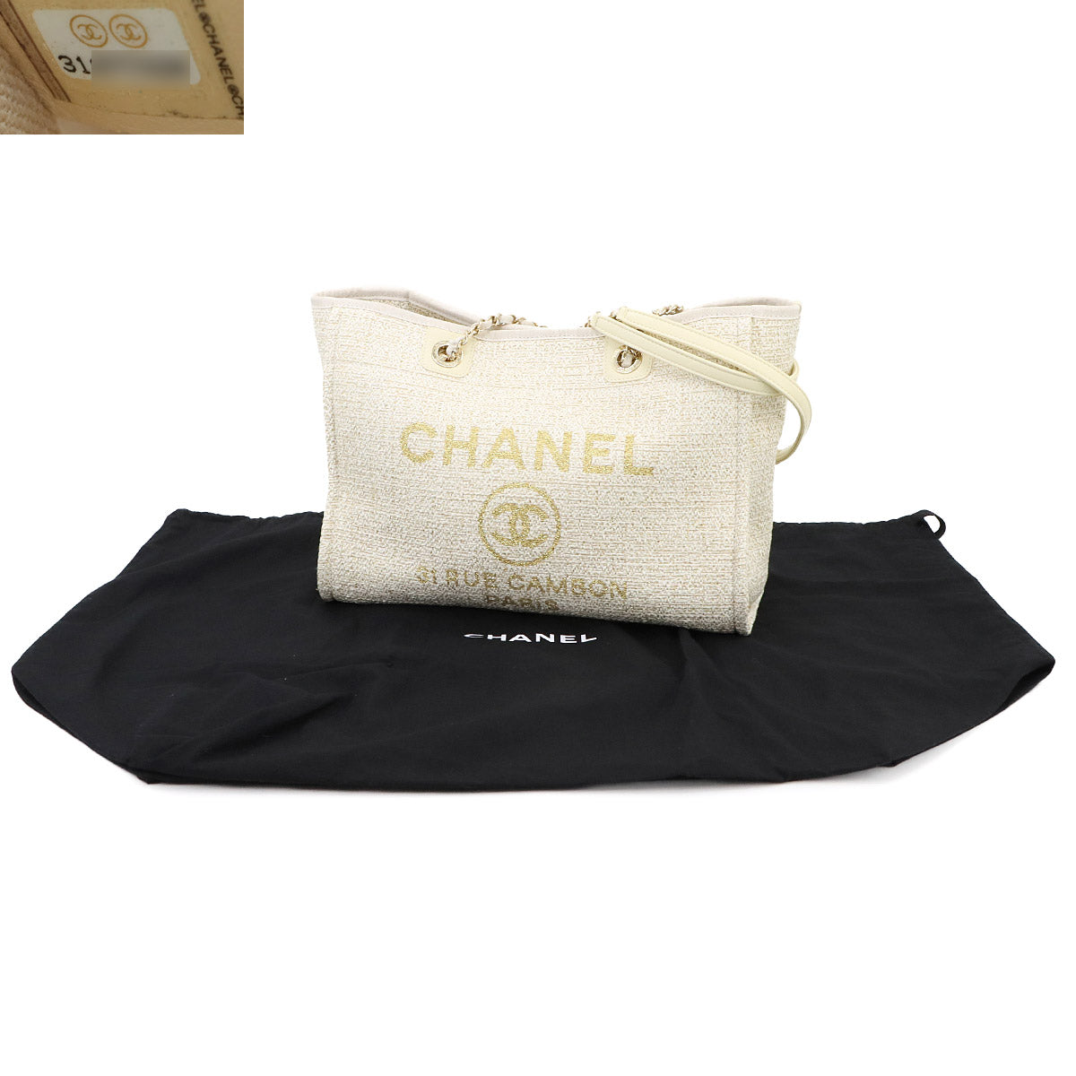 Deauville MM Chain Tote Bag Tweed Leather White Gold A67001