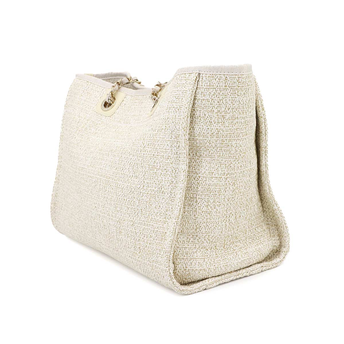 Deauville MM Chain Tote Bag Tweed Leather White Gold A67001