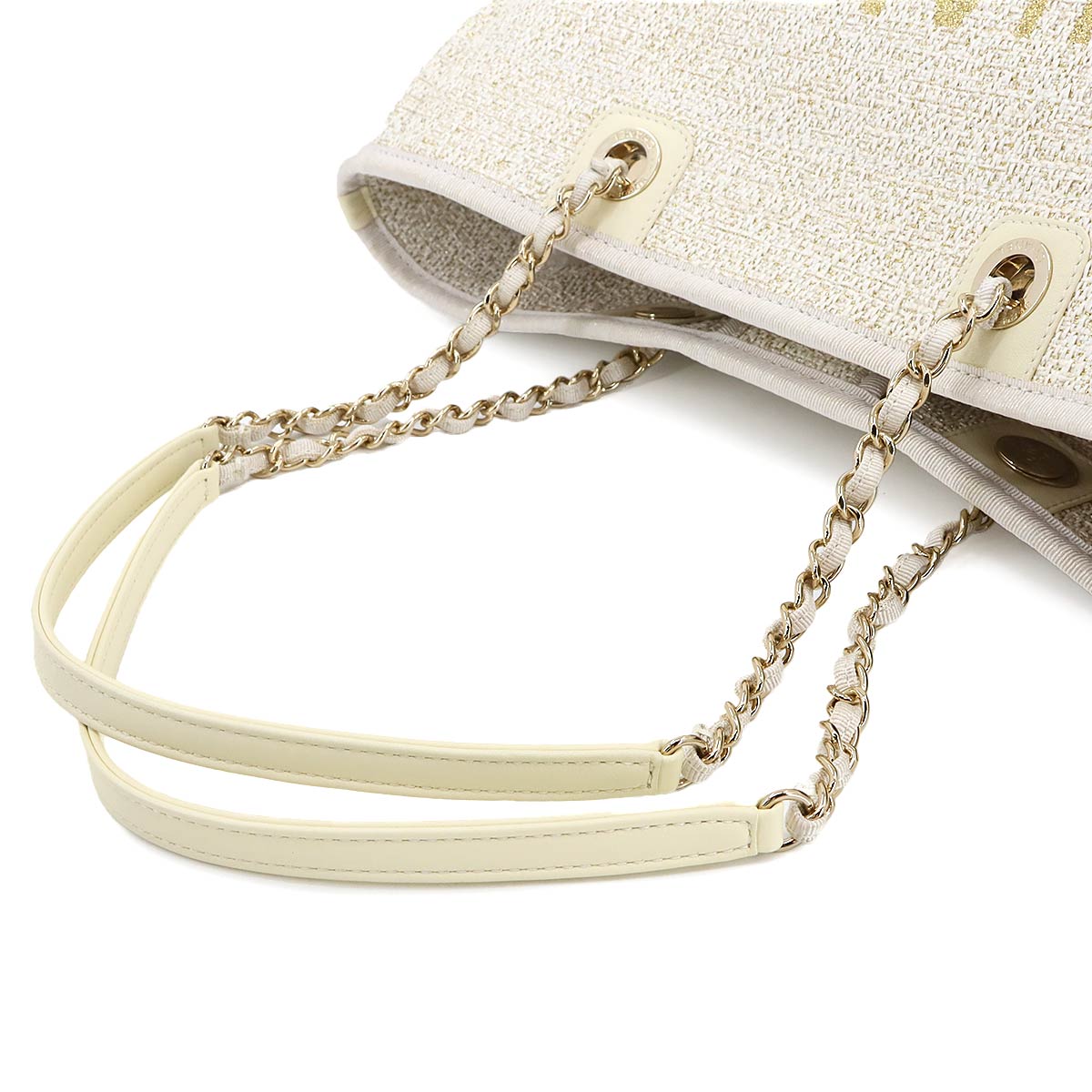Deauville MM Chain Tote Bag Tweed Leather White Gold A67001