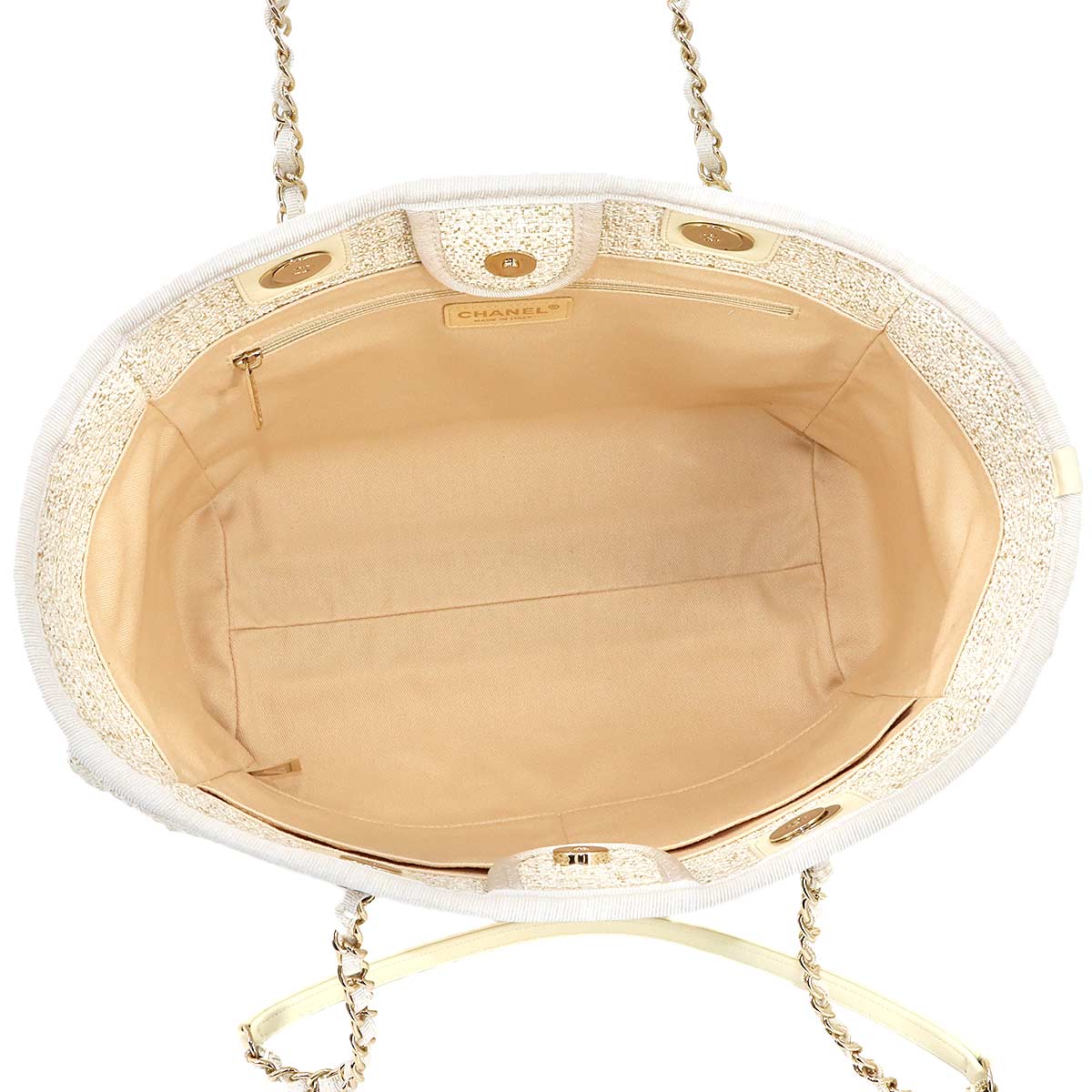 Deauville MM Chain Tote Bag Tweed Leather White Gold A67001