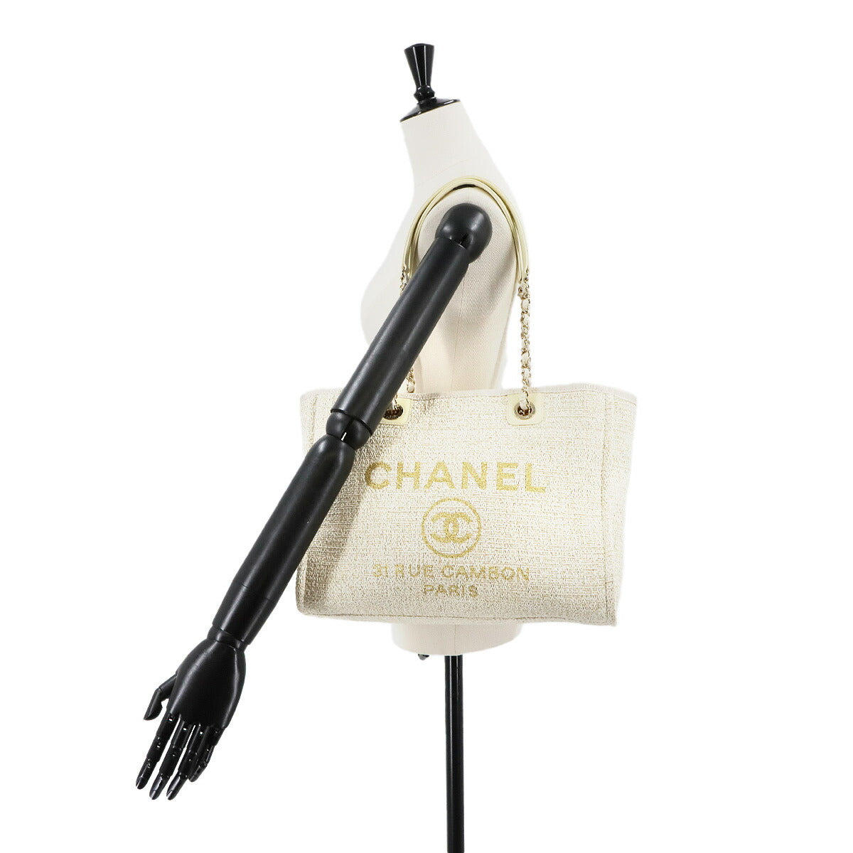 Deauville MM Chain Tote Bag Tweed Leather White Gold A67001