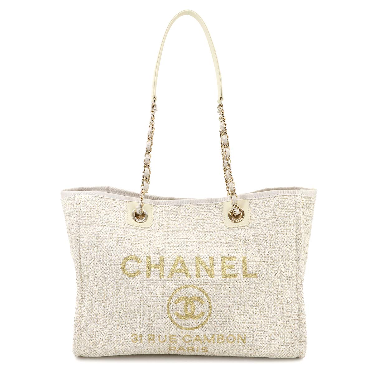 Deauville MM Chain Tote Bag Tweed Leather White Gold A67001