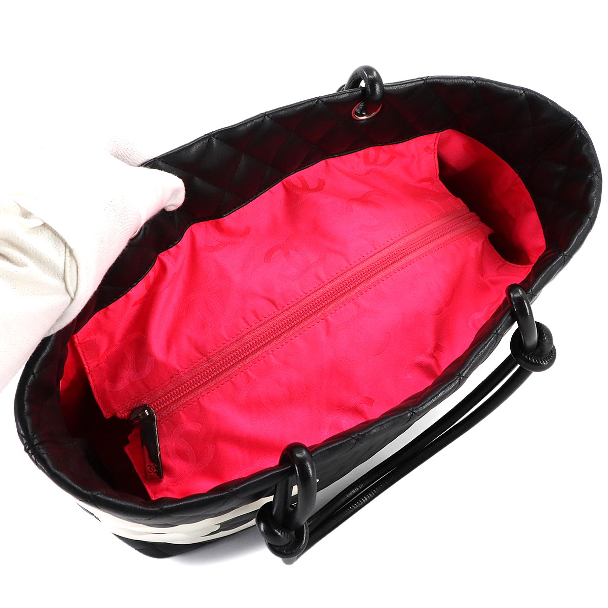 Cambon Line Large Tote Bag Leather Black White A25169 Purse