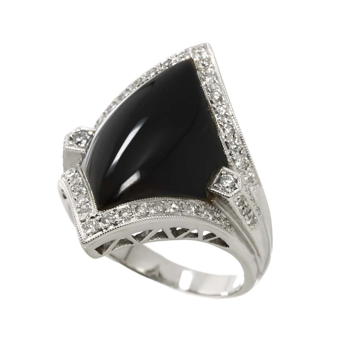 Black Chalcedony Diamond 0.57ct Ring 18K WG 750 Size7.75-8(US)