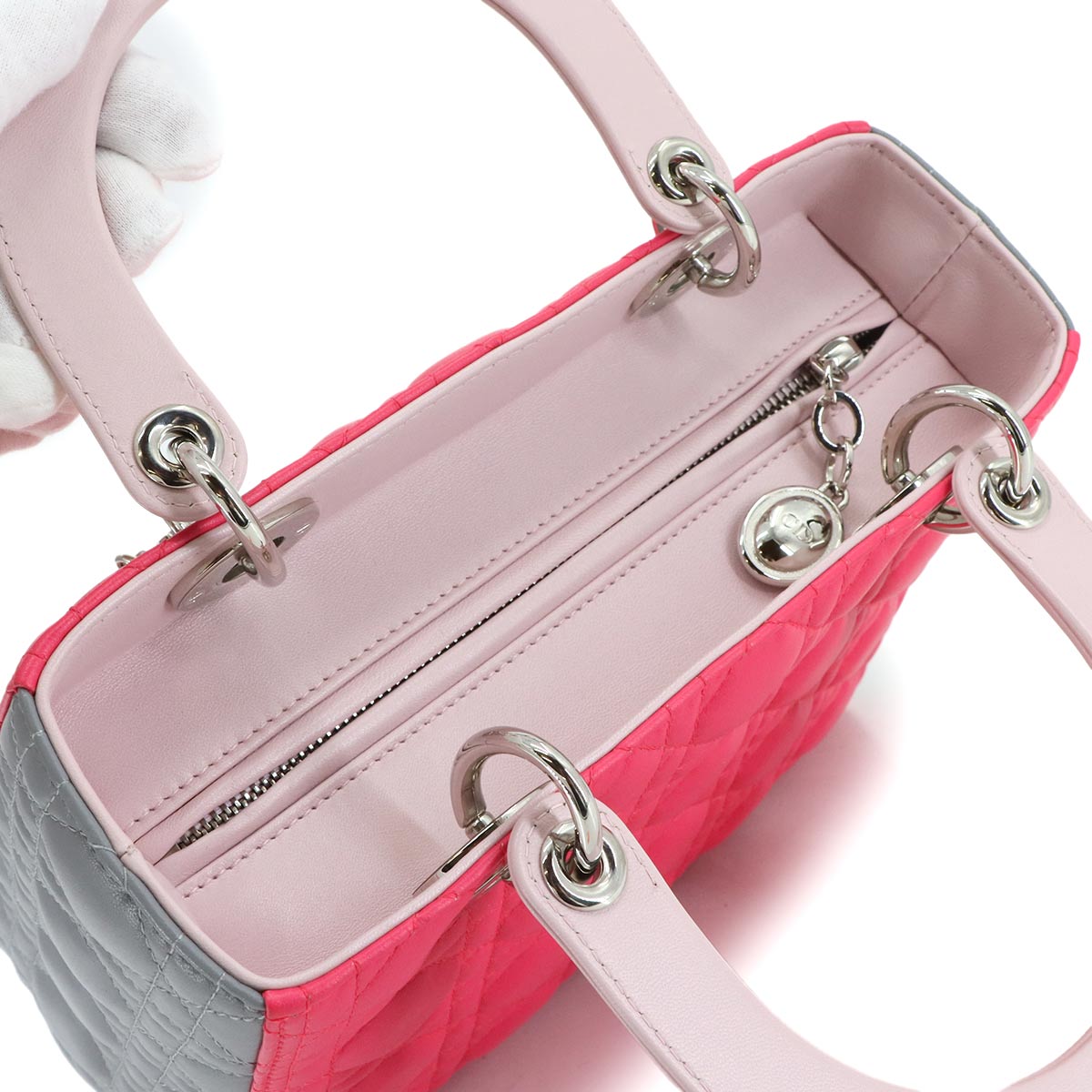 Lady Dior Medium Hand Shoulder Bag Leather Pink Gray