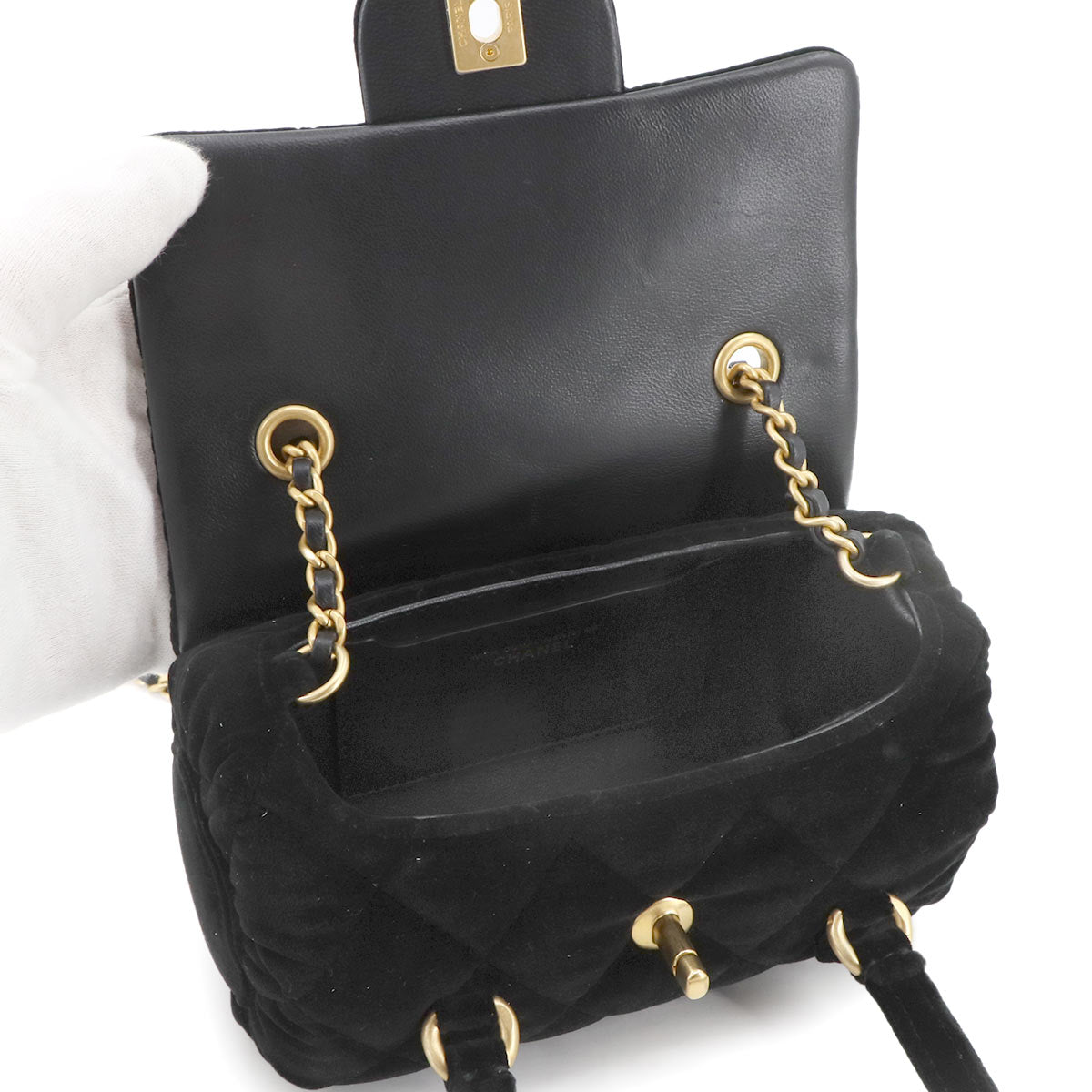 Matelasse Mini Bowling Chain Shoulder Bag Velvet Black Purse