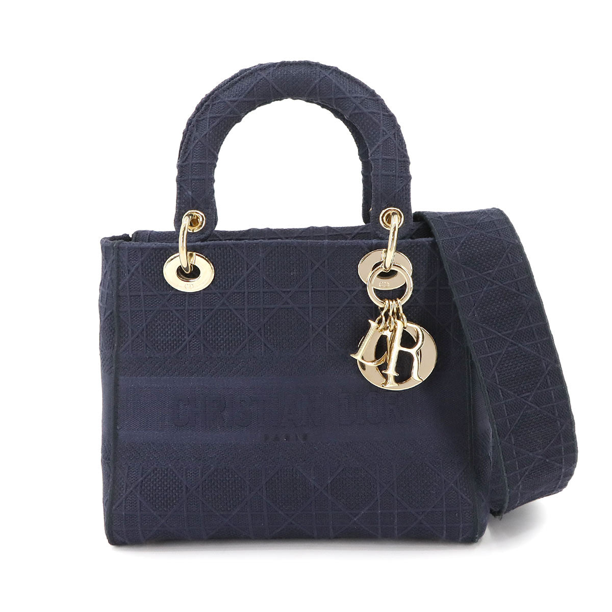 Lady D-Lite Medium Hand Shoulder Bag Canvas Navy