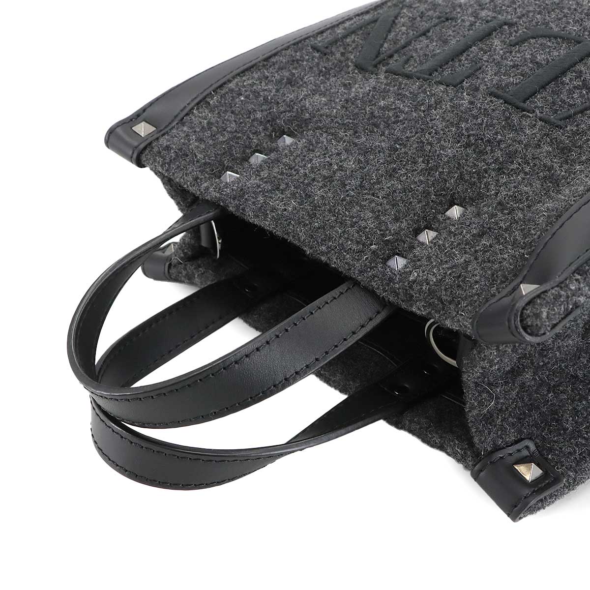 VLTN Tote Shoulder Bag Felt Leather Gray Balck