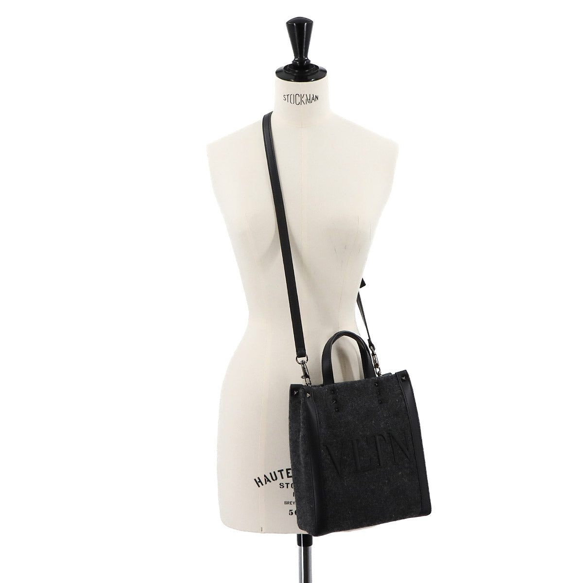 VLTN Tote Shoulder Bag Felt Leather Gray Balck