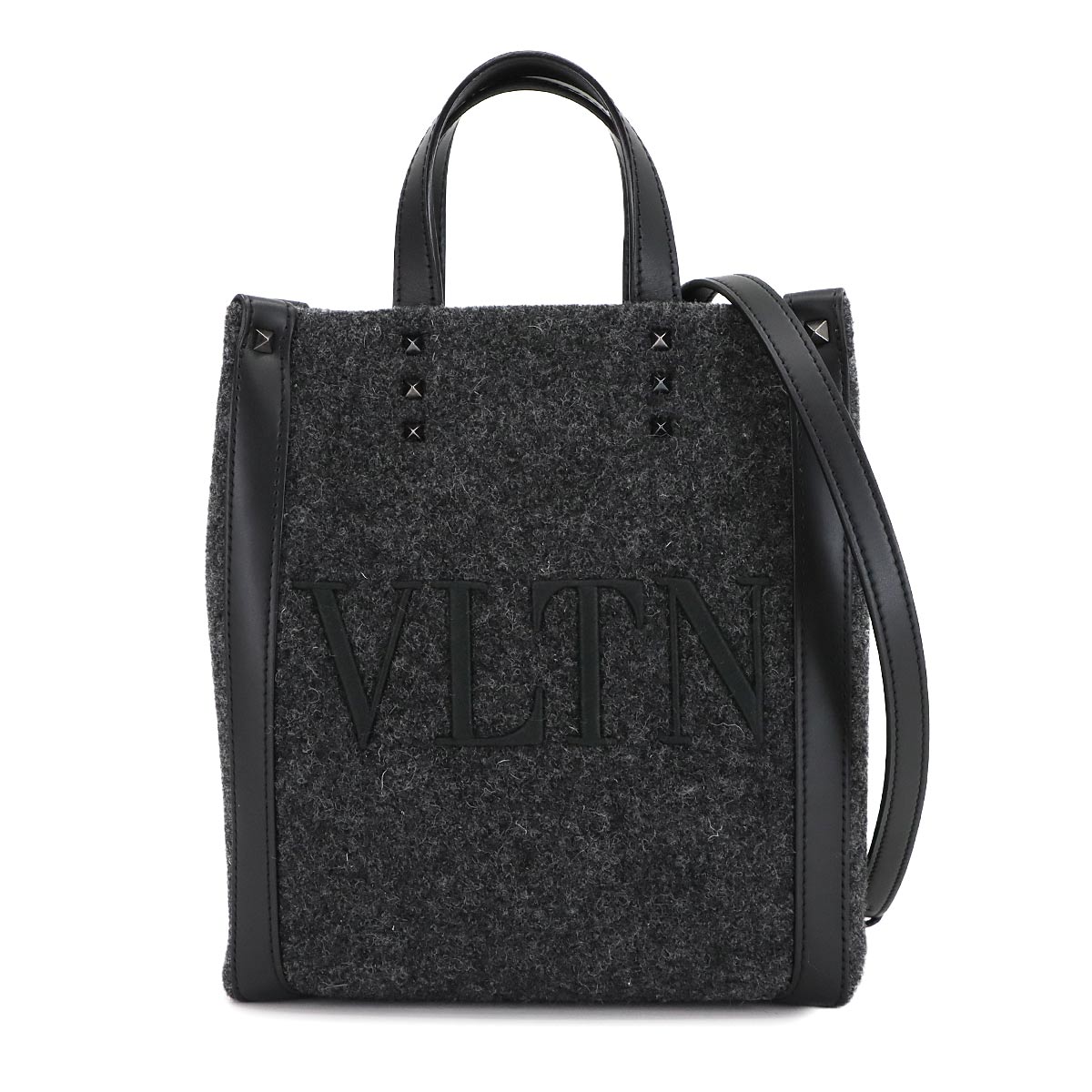 VLTN Tote Shoulder Bag Felt Leather Gray Balck