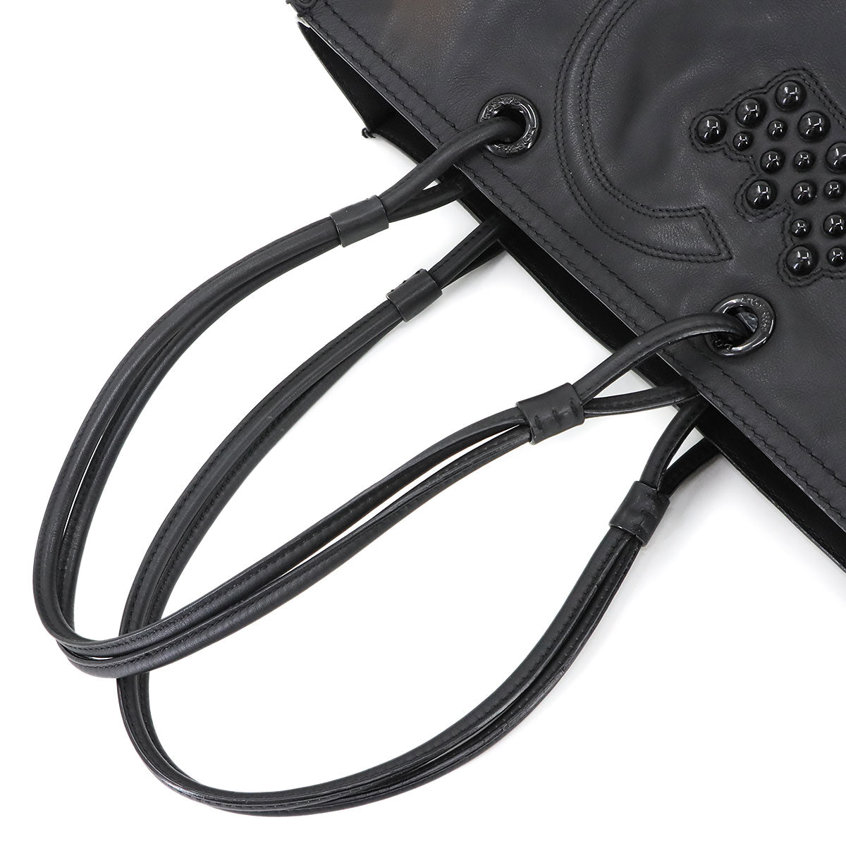 Shopper Tote Bag Leather Black Studs Logos Purse