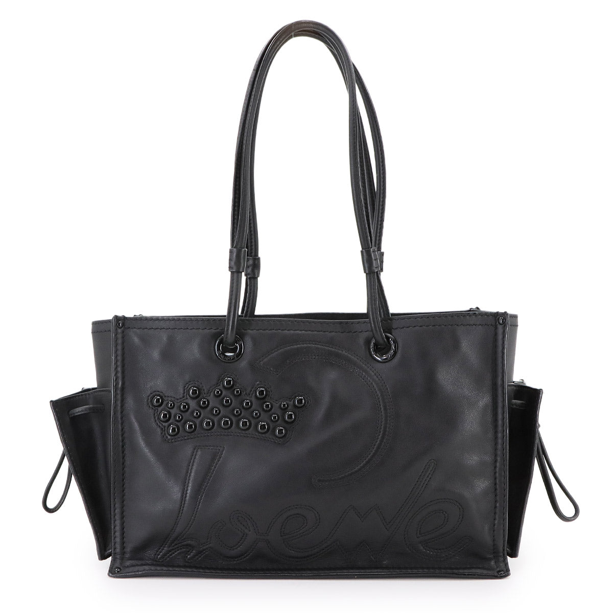 Shopper Tote Bag Leather Black Studs Logos Purse