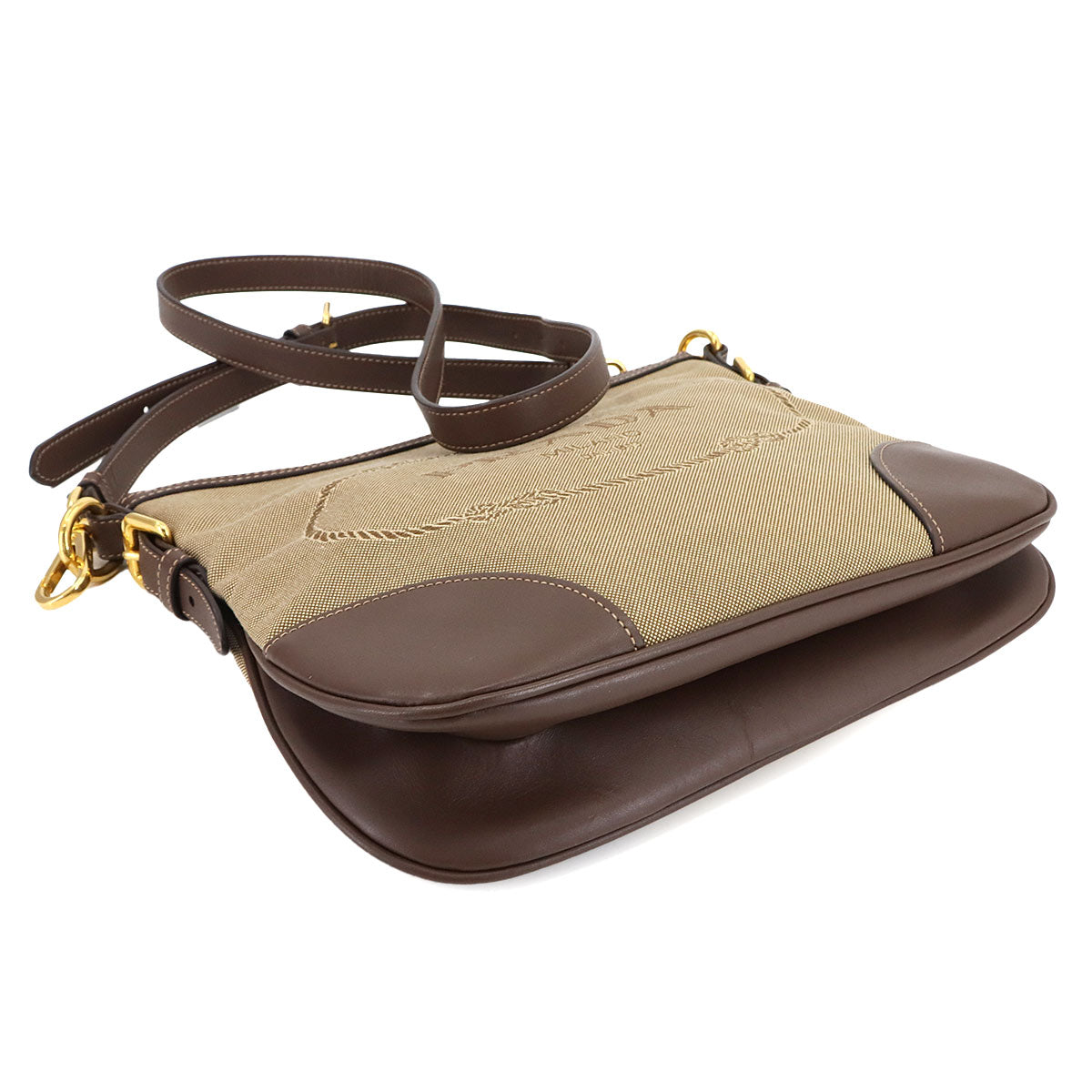 Logo Jacquard Shoulder Bag Canvas Leather Beige Brown Purse