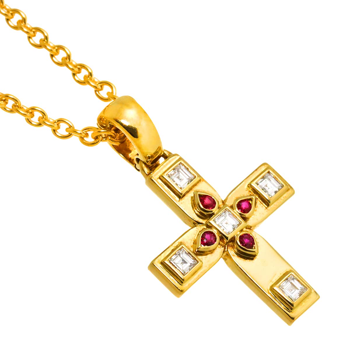 Diamond Ruby Cross Necklace 18K Yellow Gold 750