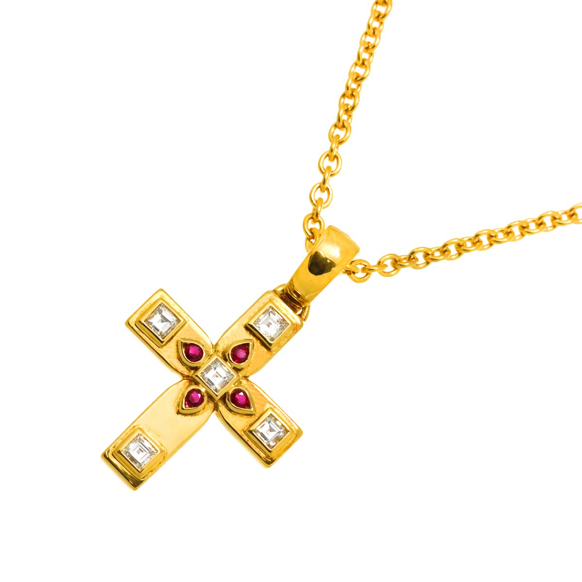 Diamond Ruby Cross Necklace 18K Yellow Gold 750