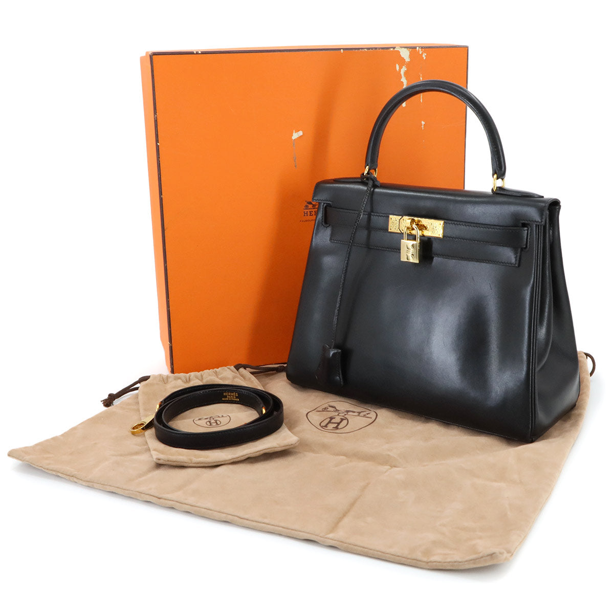 HKelly 28 Box Calf Leather Black 2way Hand Shoulder Bag Purse