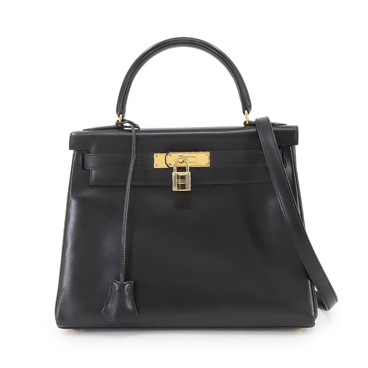 HKelly 28 Box Calf Leather Black 2way Hand Shoulder Bag Purse