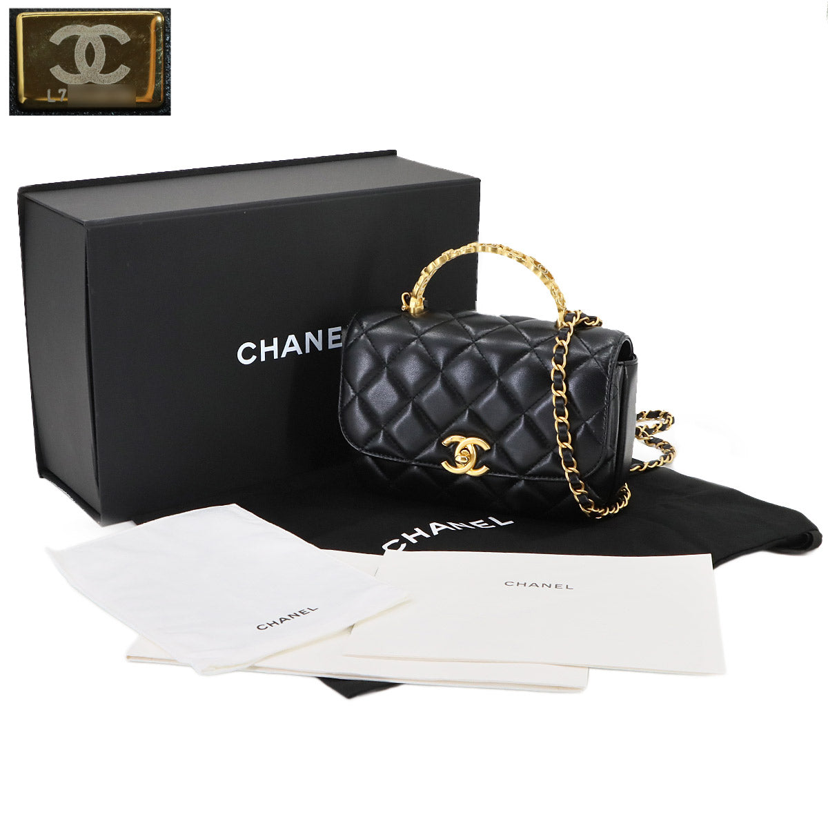 Matelasse Top Handle Hand Chain Shoulder Bag Leather Black