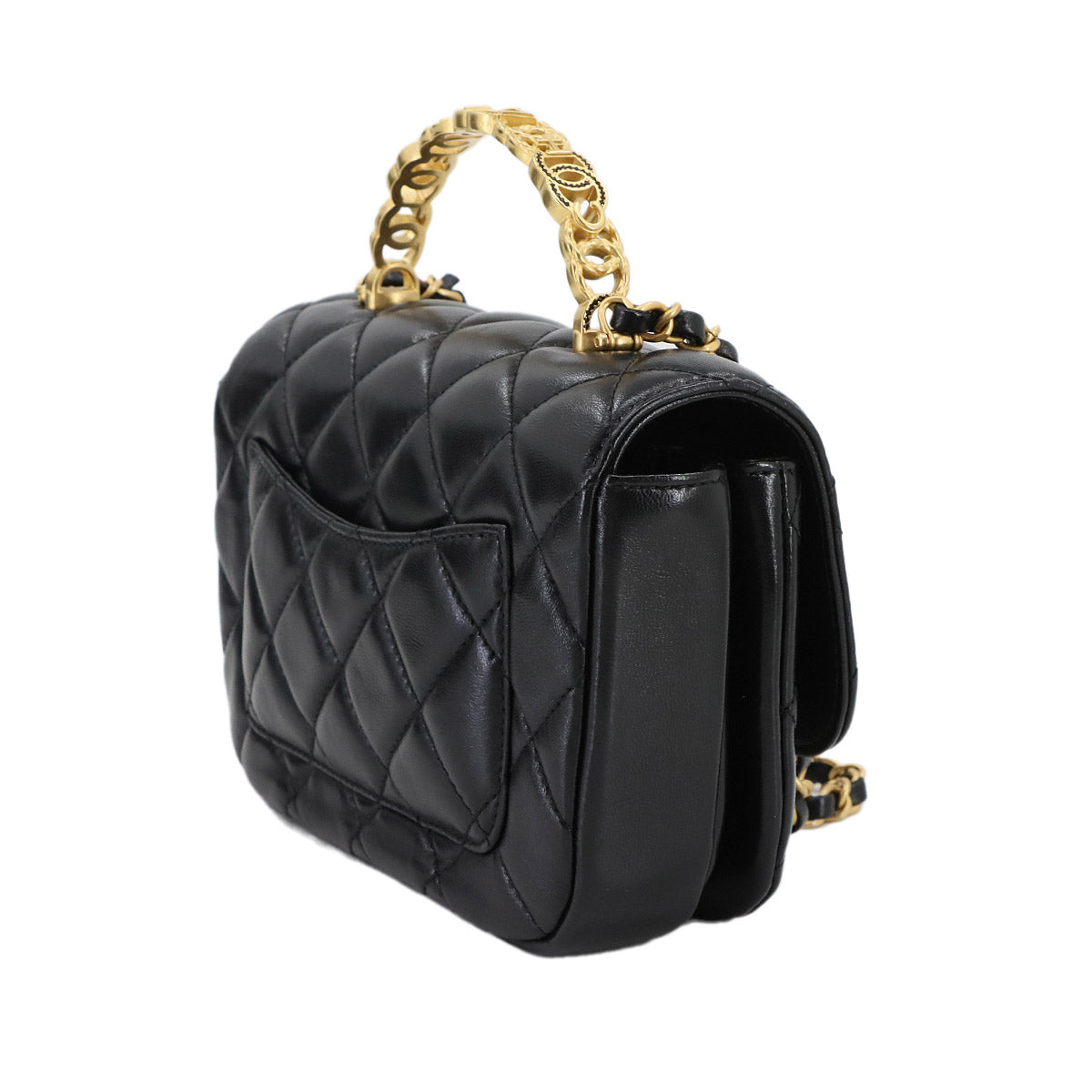 Matelasse Top Handle Hand Chain Shoulder Bag Leather Black