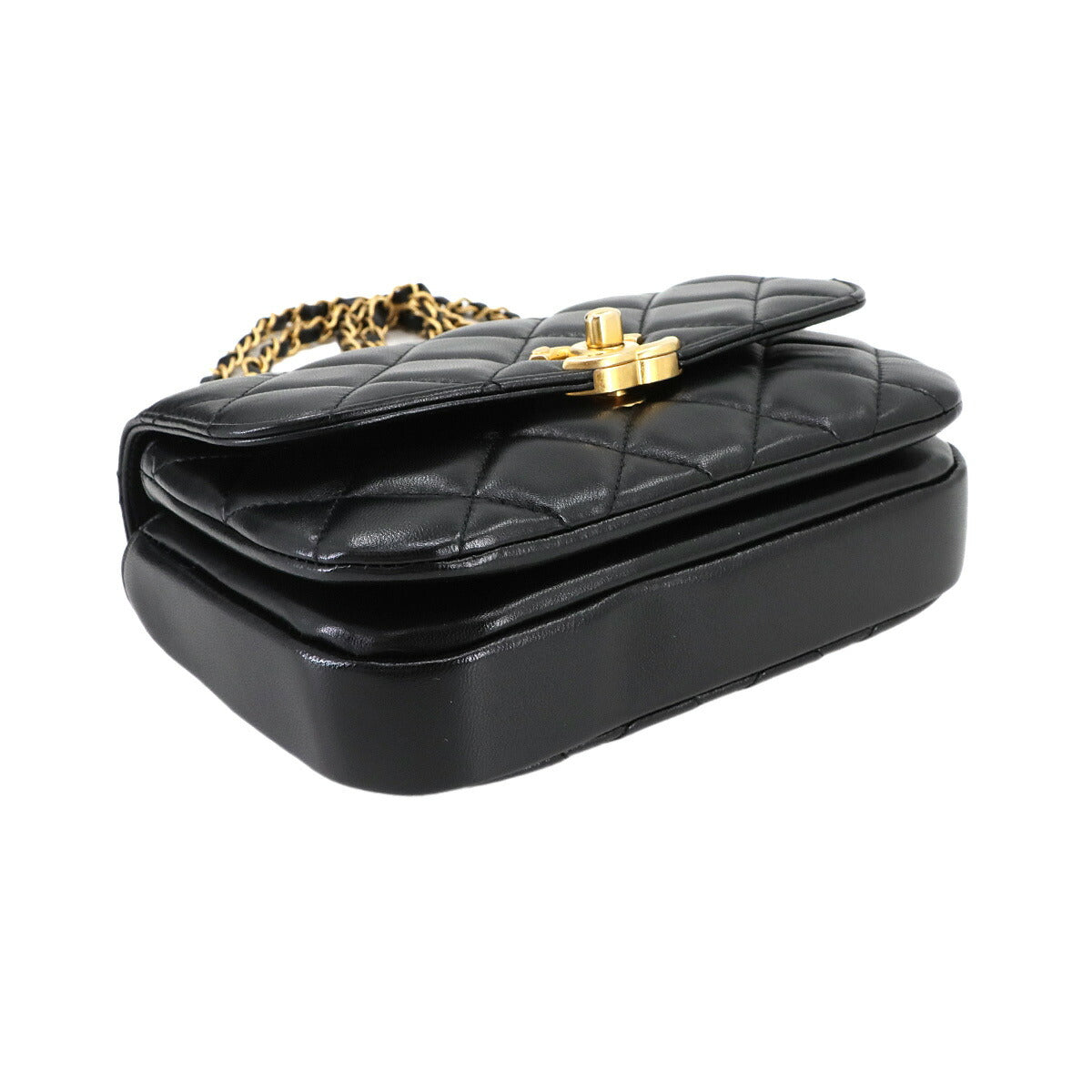 Matelasse Top Handle Hand Chain Shoulder Bag Leather Black