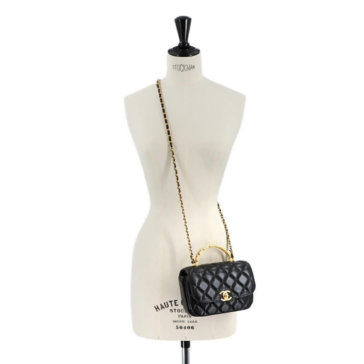 Matelasse Top Handle Hand Chain Shoulder Bag Leather Black