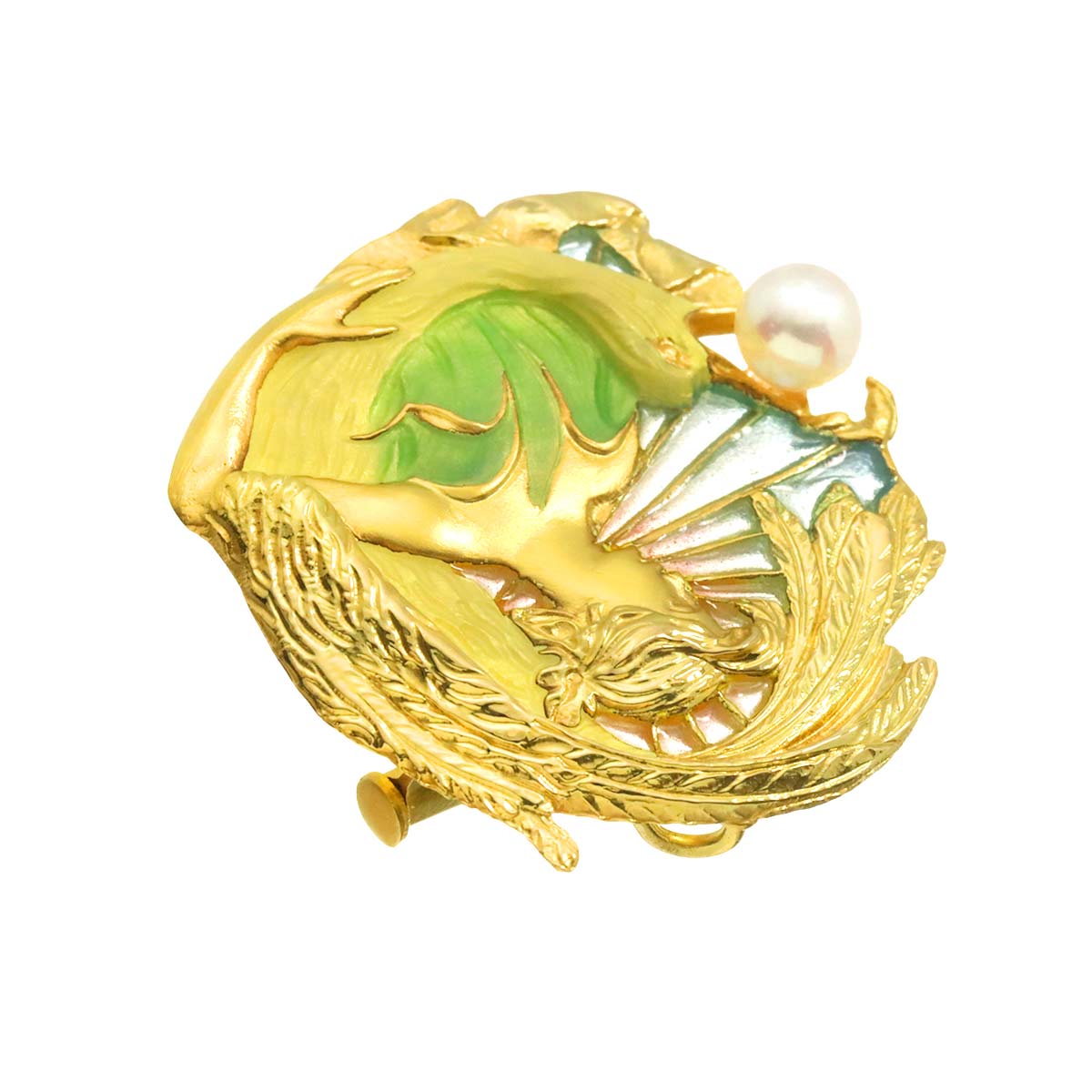 Akoya Pearl Enamel Brooch 18K Yellow Gold 750