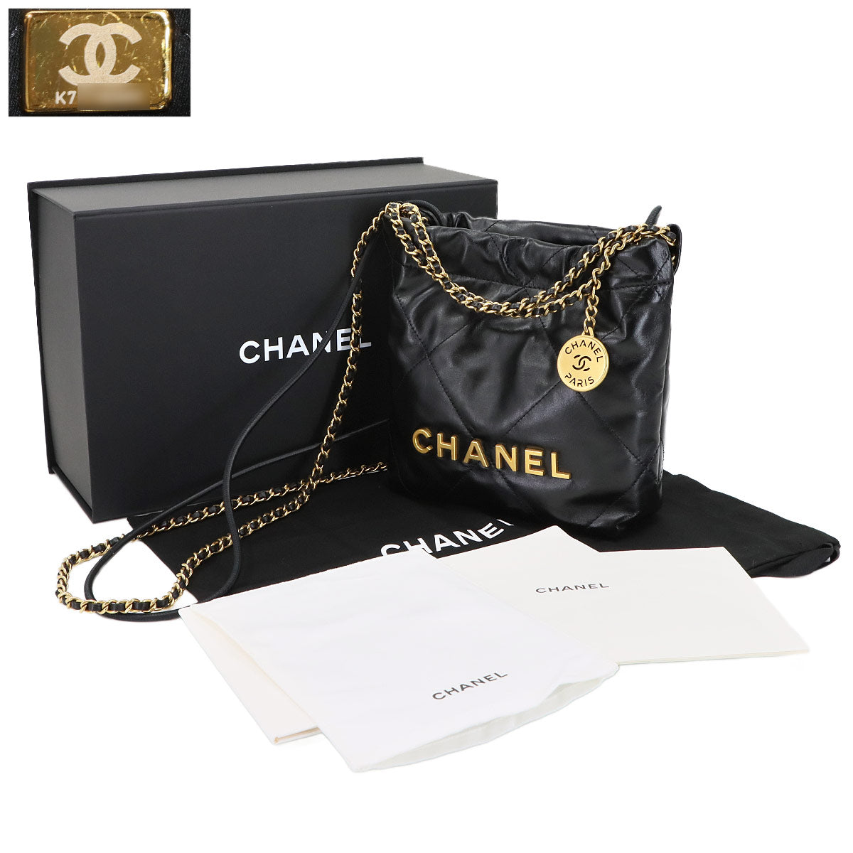 CHANEL 22 Mini Chain Hand Shoulder Bag Leather Black AS3980 Purse