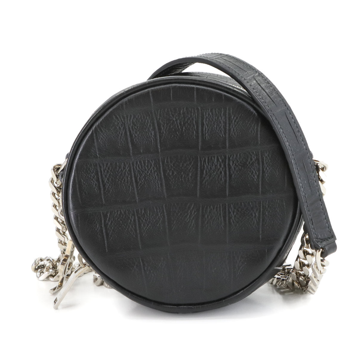 Round Chain Shoulder Bag Leather Black 357400