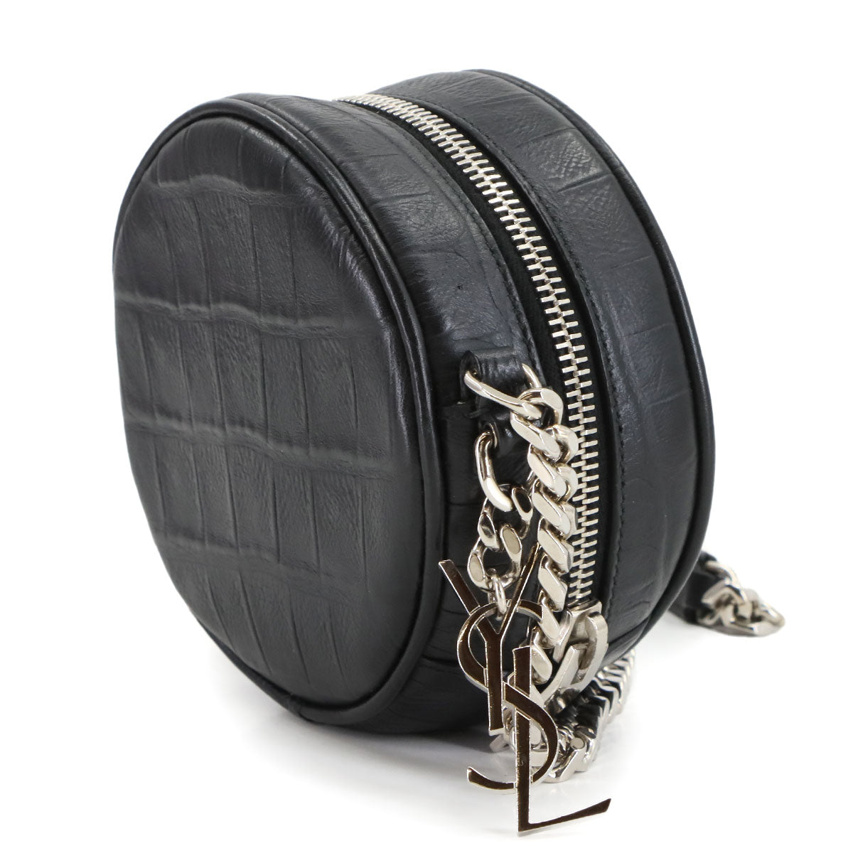 Round Chain Shoulder Bag Leather Black 357400