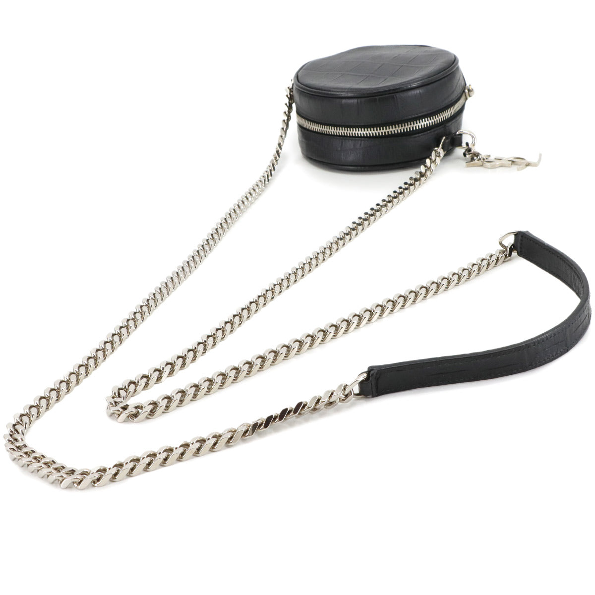 Round Chain Shoulder Bag Leather Black 357400
