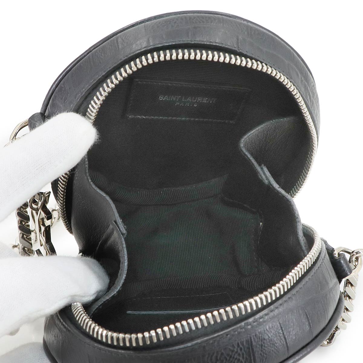 Round Chain Shoulder Bag Leather Black 357400