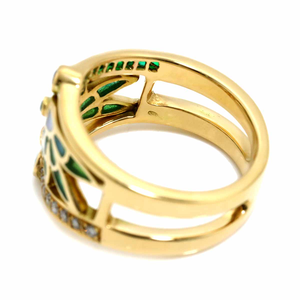 Diamond Emerald Enamel Ring 18K YG 750 Size6.75(US)