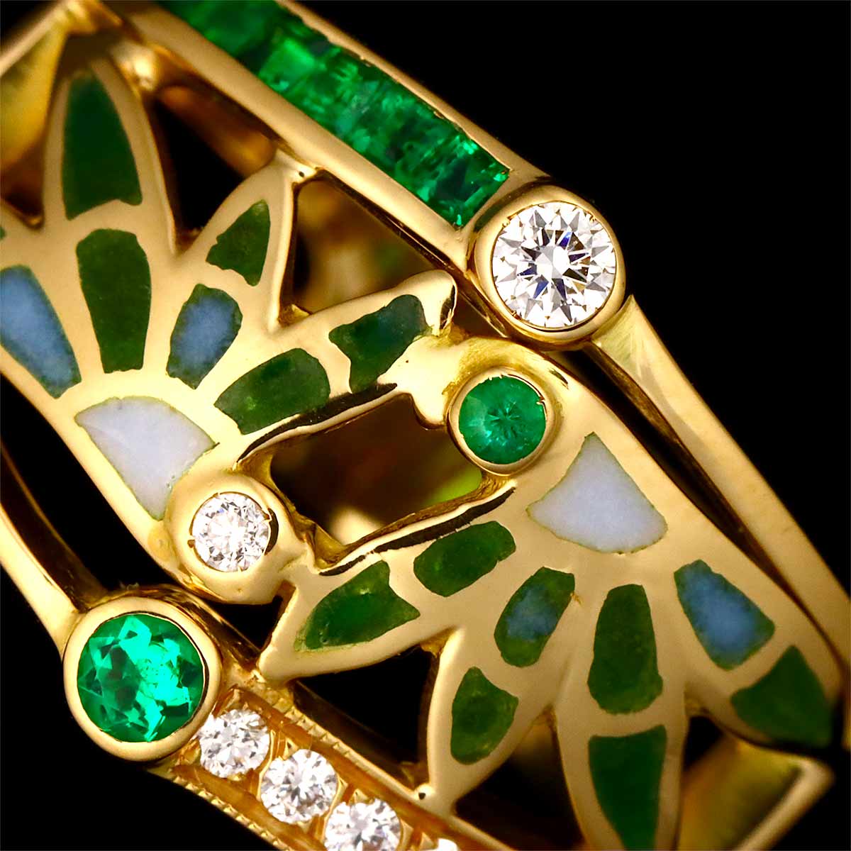 Diamond Emerald Enamel Ring 18K YG 750 Size6.75(US)
