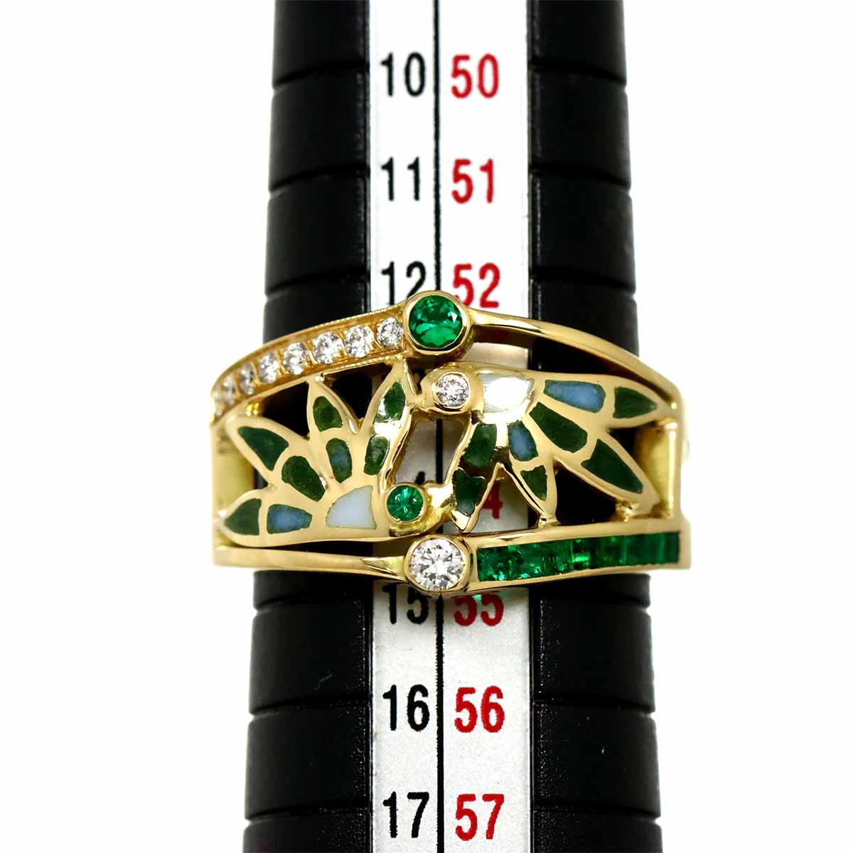 Diamond Emerald Enamel Ring 18K YG 750 Size6.75(US)
