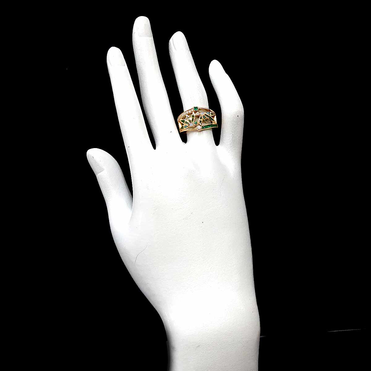 Diamond Emerald Enamel Ring 18K YG 750 Size6.75(US)